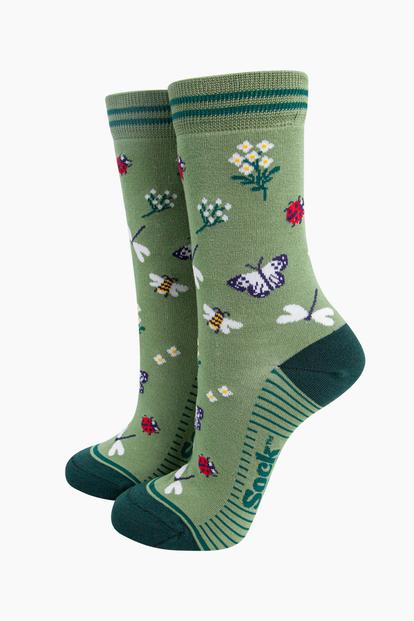 Green Garden Ladybird Butterfly Bamboo Socks