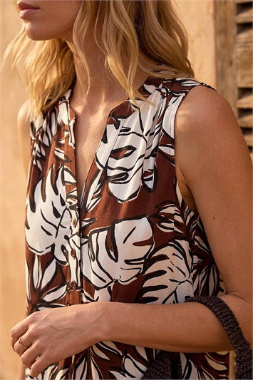 Brown Leaf Puff Print Gathered Vest Top