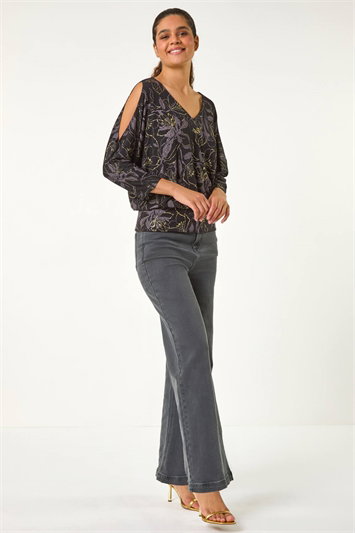 Sparkle Floral Print V-Neck Banded Hem Top 19350533