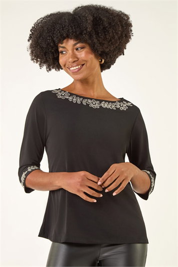 Black Embellished Stretch Tunic Top