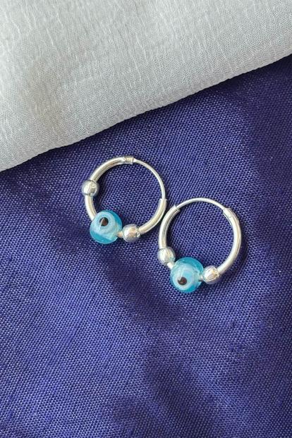 Blue Evil Eye Sterling Silver Bali Tiny Lightweight Hoop Earring