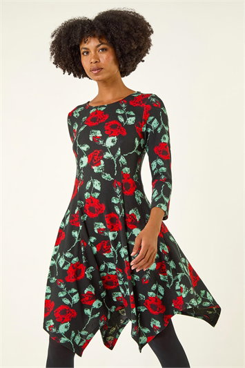 Black Rose Print Hanky Hem Dress