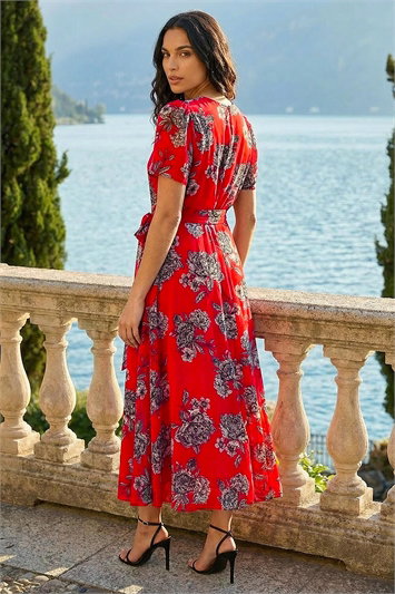 Floral Print Pleat Neck Midi Dress 14837178