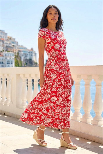 Red Floral Print Stretch Midi Dress