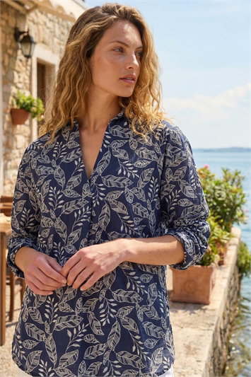 Blue Leaf Embroidered Collared Top