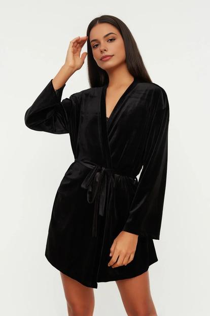 Black Soft Feeling Velvet Knit Dressing Gown