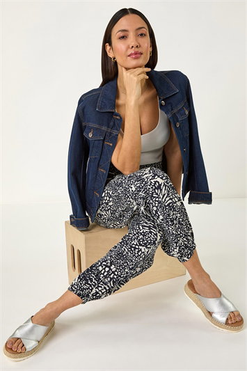 Blue Abstract Animal Print Tie Waist Trousers