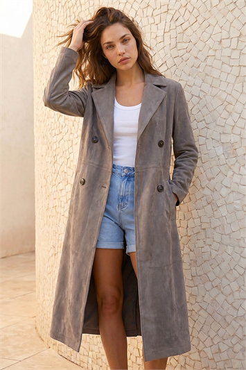 Cream Petite Faux Suede Trench Coat