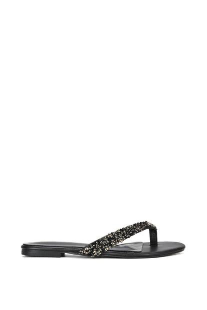 Black 'Veda' Flat Flip Flop Sandals With Jewel Details