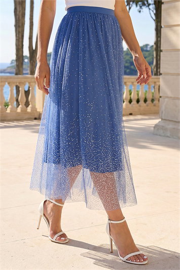 Blue Polka Dot Print Elasticated Mesh Skirt