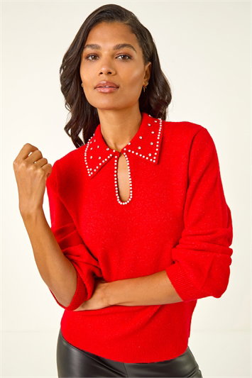 Red Faux Pearl Collared Keyhole Knit Jumper