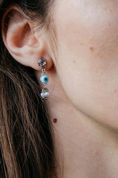 Metallic Tiny Pearl Zircon Evil Eye Dangle Stud Earrings
