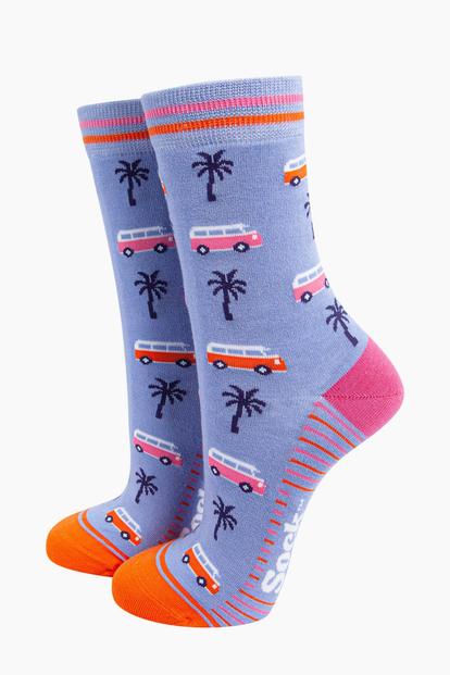 Blue Campervans Palm Trees Bamboo Socks In Blue