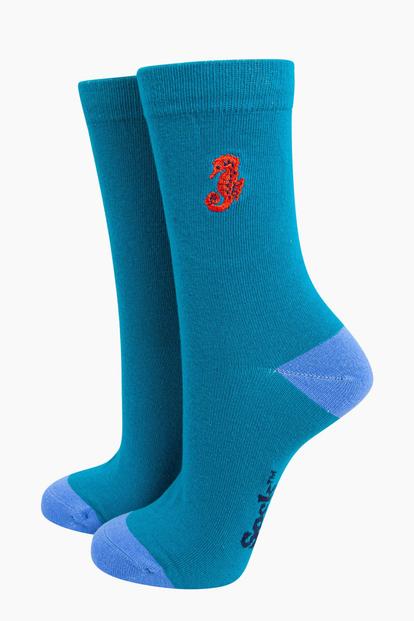 Blue Embroidered Seahorse Combed Cotton Socks