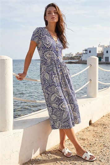 Petite Abstract Button Pocket Stretch Dress 14816560