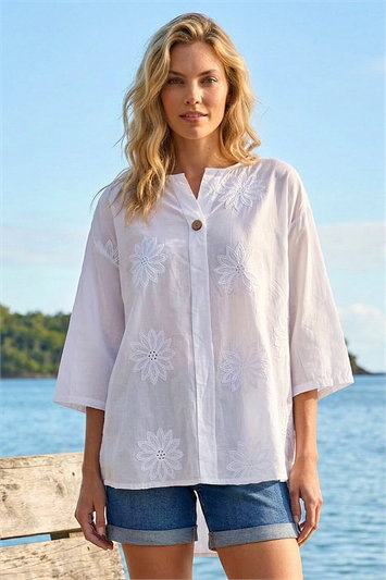 White Cotton Floral Embroidered Tunic Top