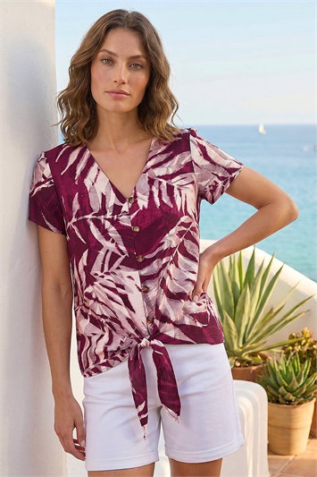 Red Petite Buttoned Tie Front Top