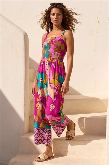 Purple Floral Border Ruched Jumpsuit