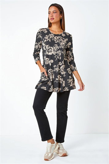 Black Floral Print Pocket Stretch Swing Top