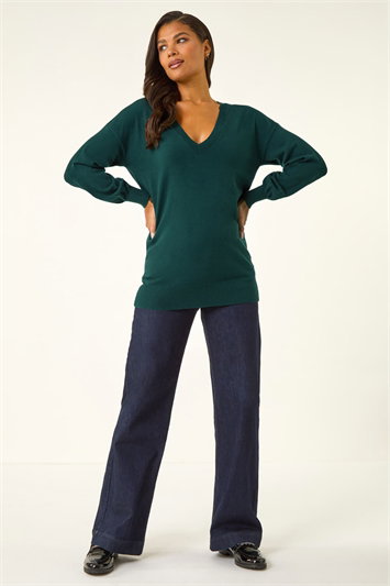 Plain V-Neck Stretch Longline Jumper 16041628