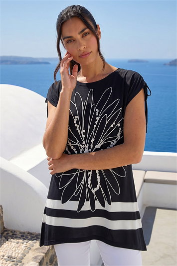 Black Floral Print Stretch Tunic Top