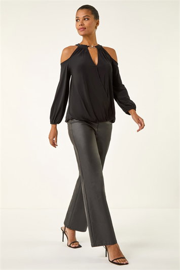 V-Neck Cold Shoulder Wrap Stretch Top 19277808