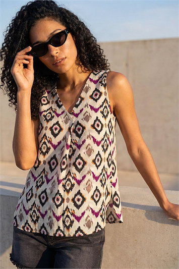 Red Ikat Print Pleat V-Neck Vest Top