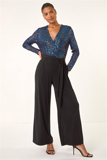 Blue Sequin Wrap V-Neck Stretch Jumpsuit