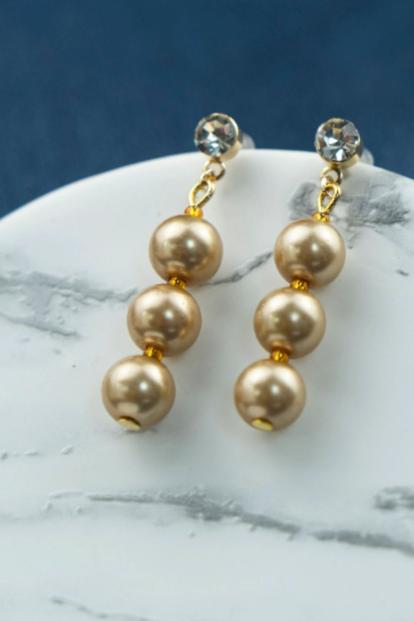 Metallic Gold-Plated Pearl Zircon Drop Stud Earrings