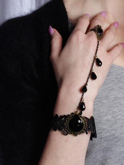 Black Lace Bracelet With Charm And Ring Detail In Black