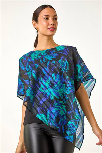 Blue Floral Asymmetric Overlay Top
