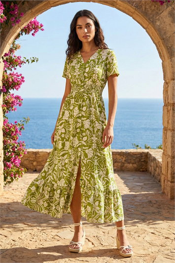 Multi Floral Print Button Detail Maxi Dress