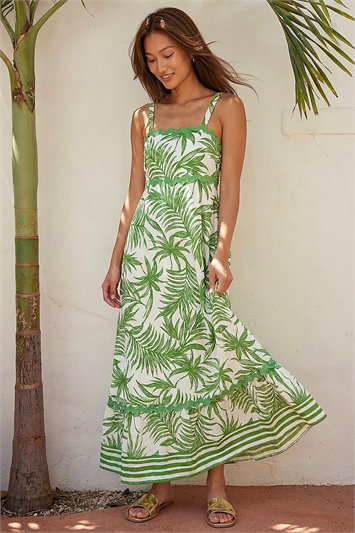 Green Leaf Print Ric Rac Maxi Dress