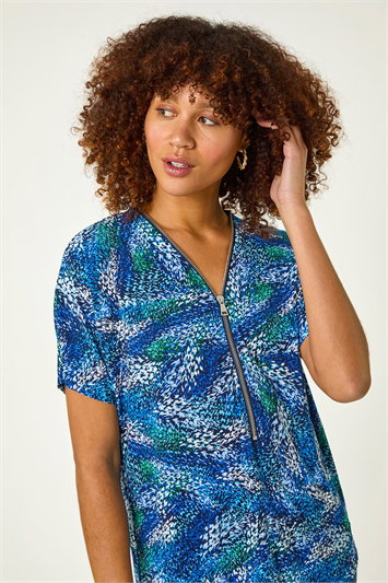 Blue Textured Print Zip Stretch Top