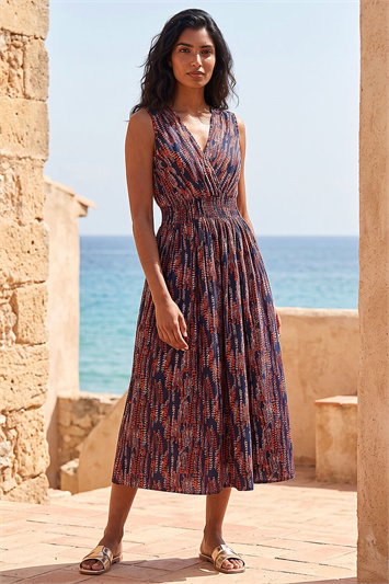 Red Leaf Print Wrap Midi Dress