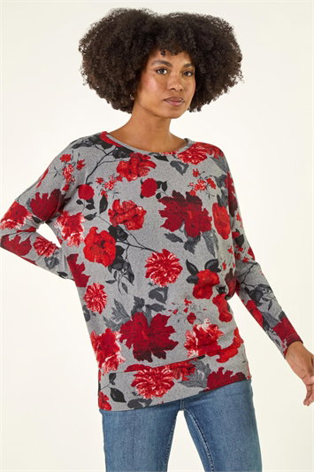 Red Floral Banded Hem Top