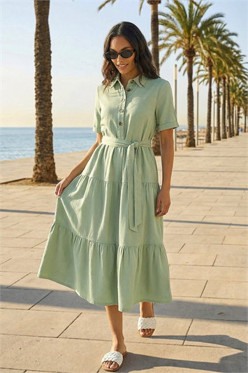 Green Button Detail Tiered Midi Dress