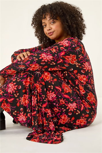 Red Curve Floral Print Stretch Dress