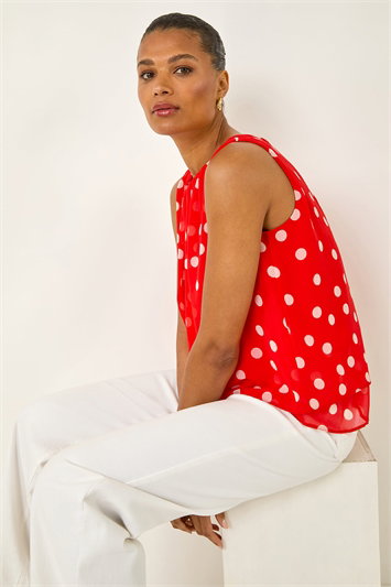 Red Spot Print Double Layered Pleated Top