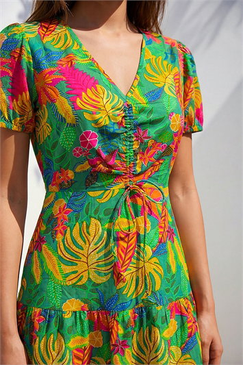 Tropical Print V-Neck Ruched Dress 14909834