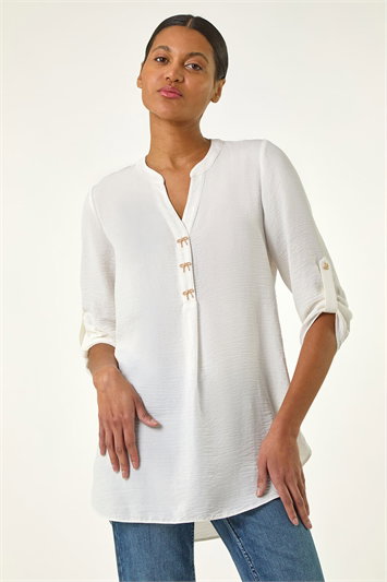 White Longline Bow Button Top