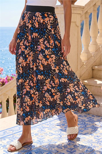 Multi Ditsy Floral Print Pleated Stretch Skirt