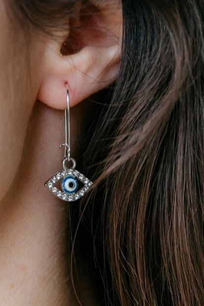 Metallic Evil Eye Zircon Huggie Earrings, Latch-Back