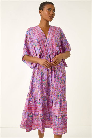 purple 3 4 sleeve dress Wisteria, 3/4 Sleeve Smocked Top Tiered Dress w/ Pockets SMALL