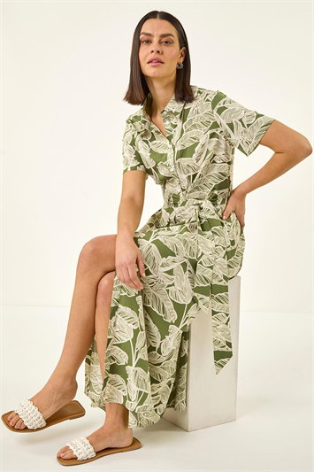 Green Leaf Print Belted Shirt Dress