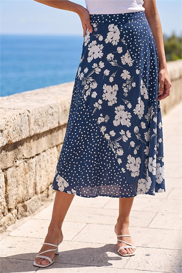 Blue Mixed Floral Spot Print A Line Midi Skirt