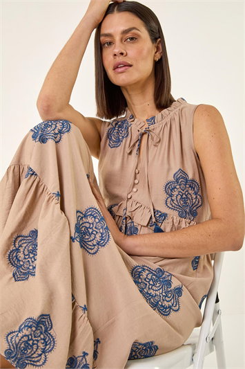 Cream Embroidered Tie Front Maxi Dress