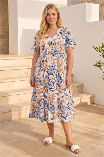 Blue Curve V-Neck Tiered Dress