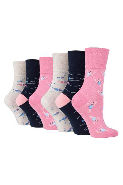 Pink 6 Pairs Ladies Non Elastic Patterned Socks