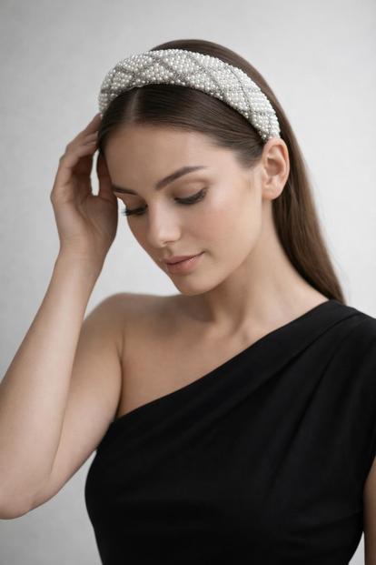 White Lattice Style Crystal Gems And Pearl Headband
